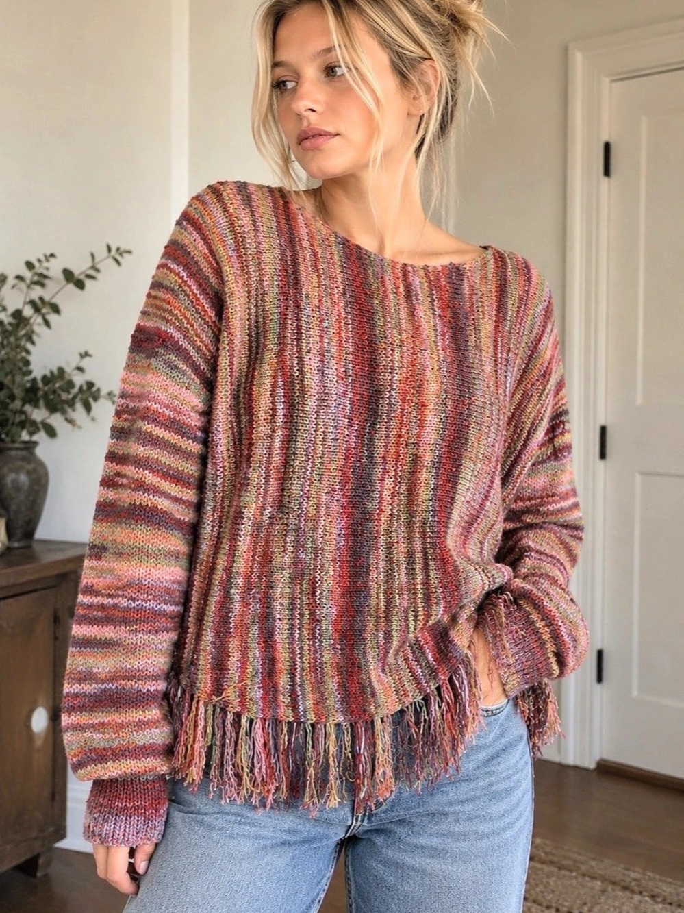 Multicolor Fringe Hem Sweater Small